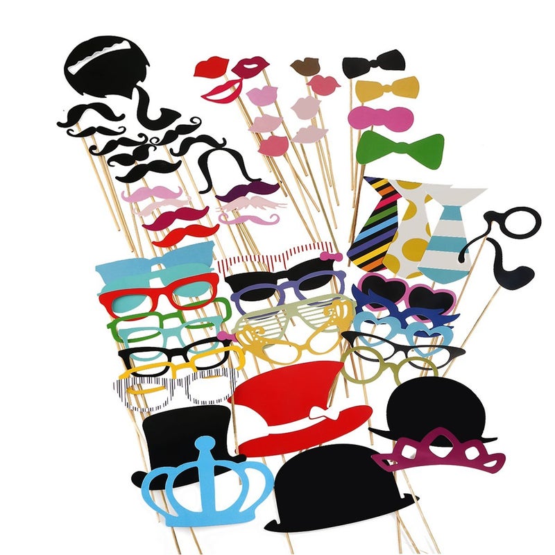 Tinksky Photo Booth Props 60 piece DIY Kit for Wedding Party Reunions Birthdays Photobooth Dress-up Accessories & Party Favors, Costumes with Mustache on a stick, Hats, Glasses, Mouth, Bowler, Bowties - Image 1